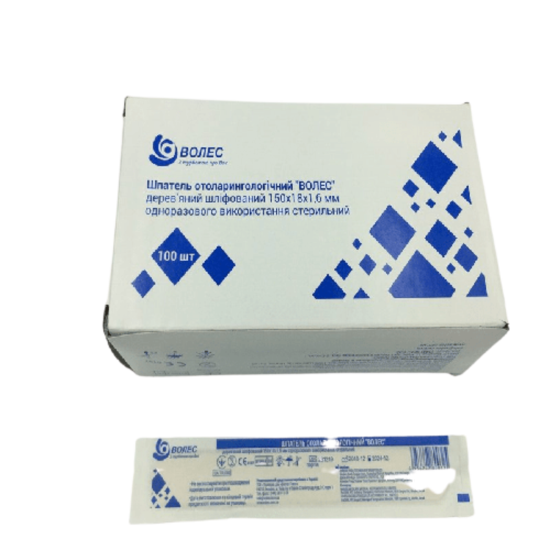 Шпатель ВОЛЕС отоларингологічний стерильний, дерев`яний шліфований(150x18x1,6мм) №100